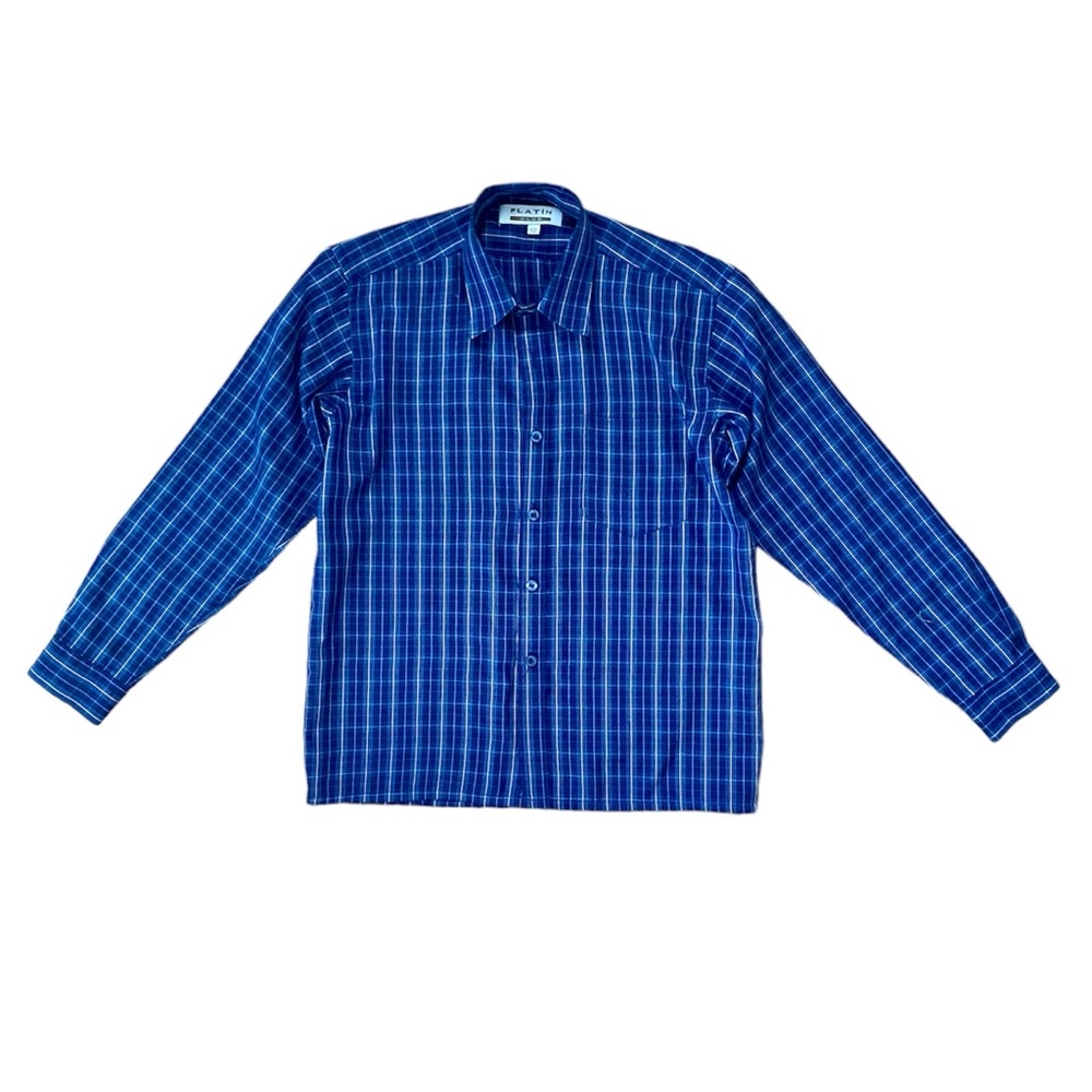 Big Boy Plaid Dress Shirt 12 Button Up Long Sleeve Blue White Classic Poplin L